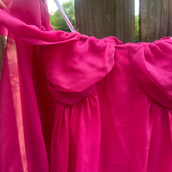 Lulu's Bright Pink Off-Shoulder Fluttery Babydoll Puff Sleeve Blouse - Picture 3 of 9